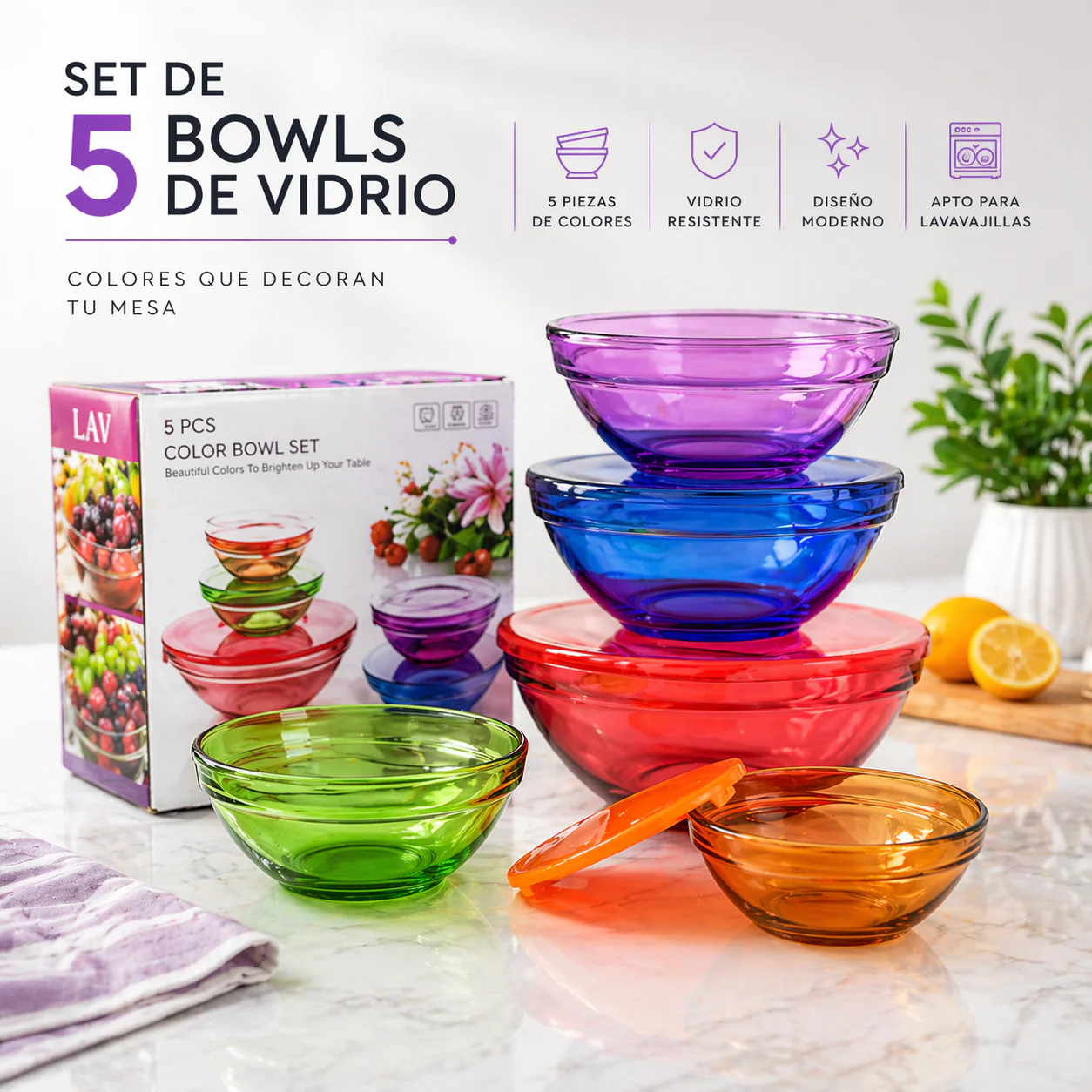 Set 5 Bowls Tazón Envase de Vidrio con Tapa de Colores 10244