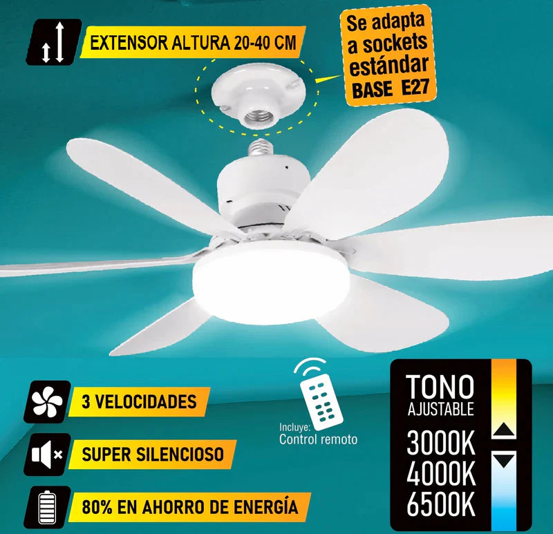 Abanico De Techo 20" Socket E27 Con Luz Led Tono Ajustable 3000/4000/6500K, 1900 Lumens 6 Aspas 3 CCT 520X185mm ELT0387 - Image 2