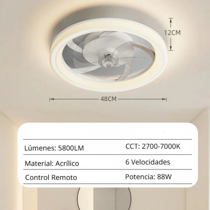 Abanico De Techo Con Luz Led Y Control Remoto. Ventilador Silencioso Con Lámpara Dimeable Integrada 18.8” (48Cm) Color Blanco TU582 - Image 4