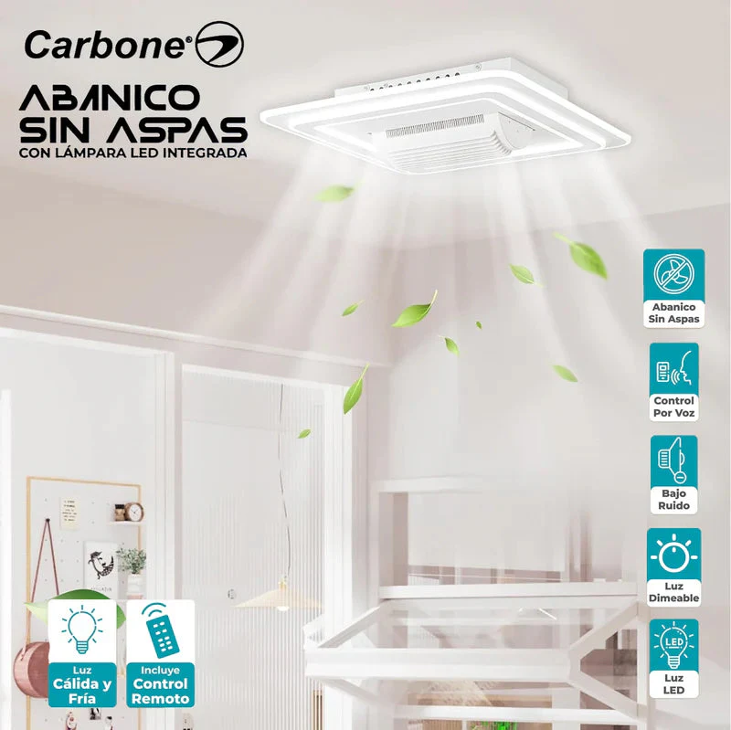 Abanico Sin Aspas Lampara LED Cuadrada Decorativa Control Por Voz Dimeable 3000-6500K De 21" (54Cm) 68W JYABL004