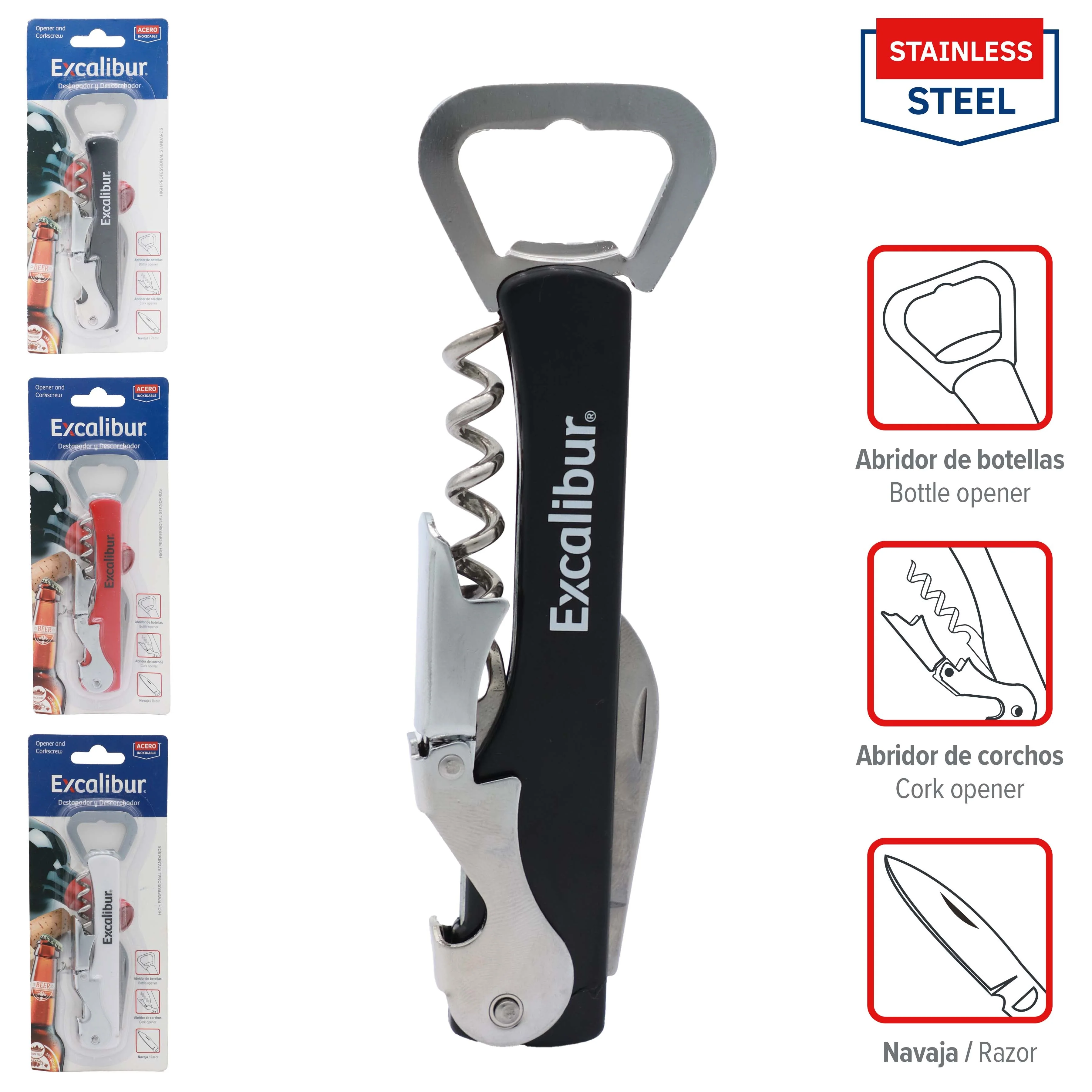 Abridor de Sodas y Saca Corcho de Acero Inoxidable Excalibur A151-KT2005