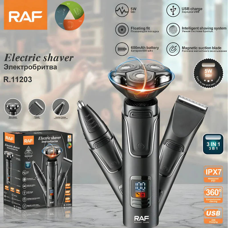 Afeitadora Eléctrica 3 En 1 Recargable USB Con Pantalla Digital. Máquina De Afeitar Impermeable IPX7 Con Cabezales Intercambiables. R.11203