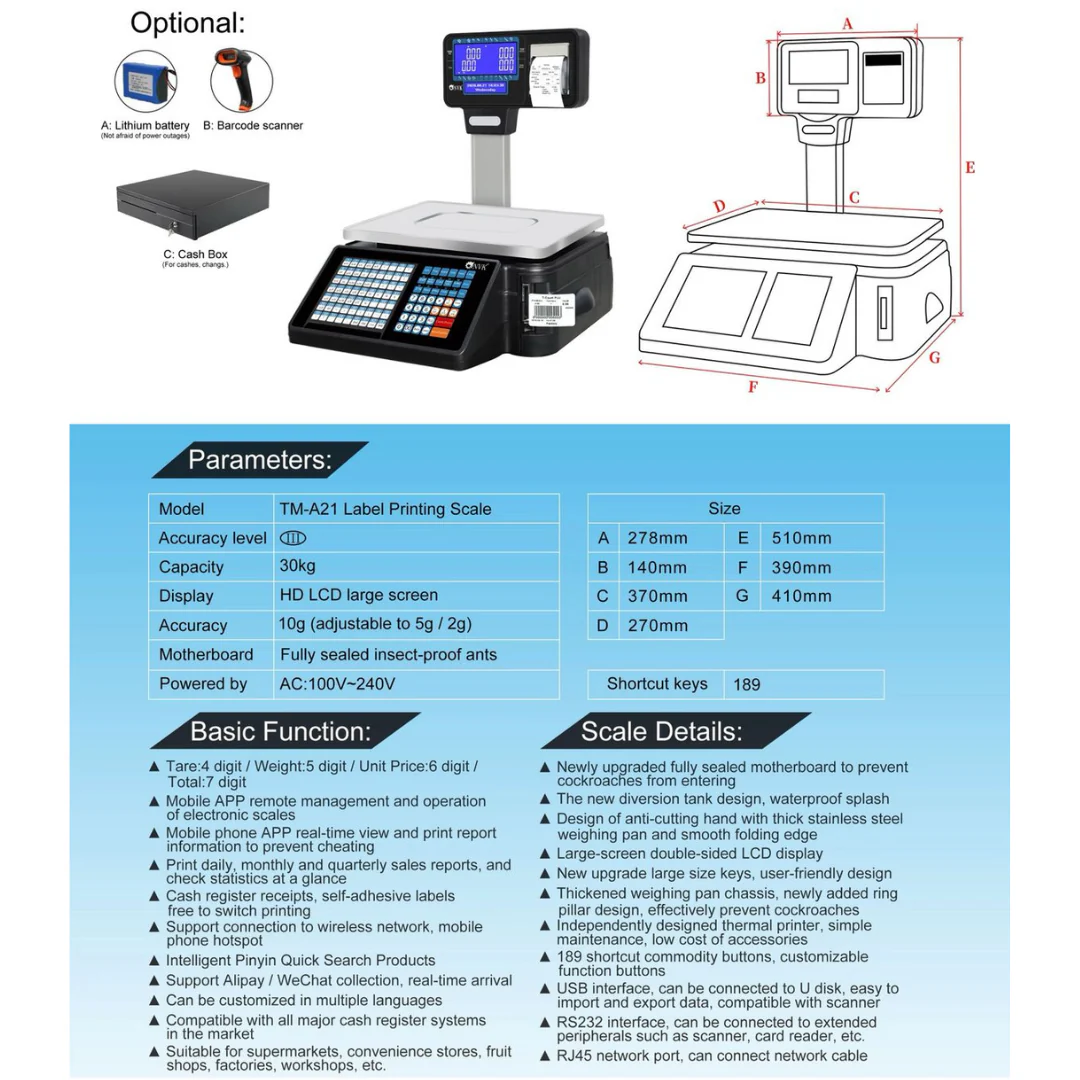 Balanza Digital de 30kg con Impresión de Código de Barra y Recibo Con WIFI TM-A21 Báscula. Pesa. - Image 5