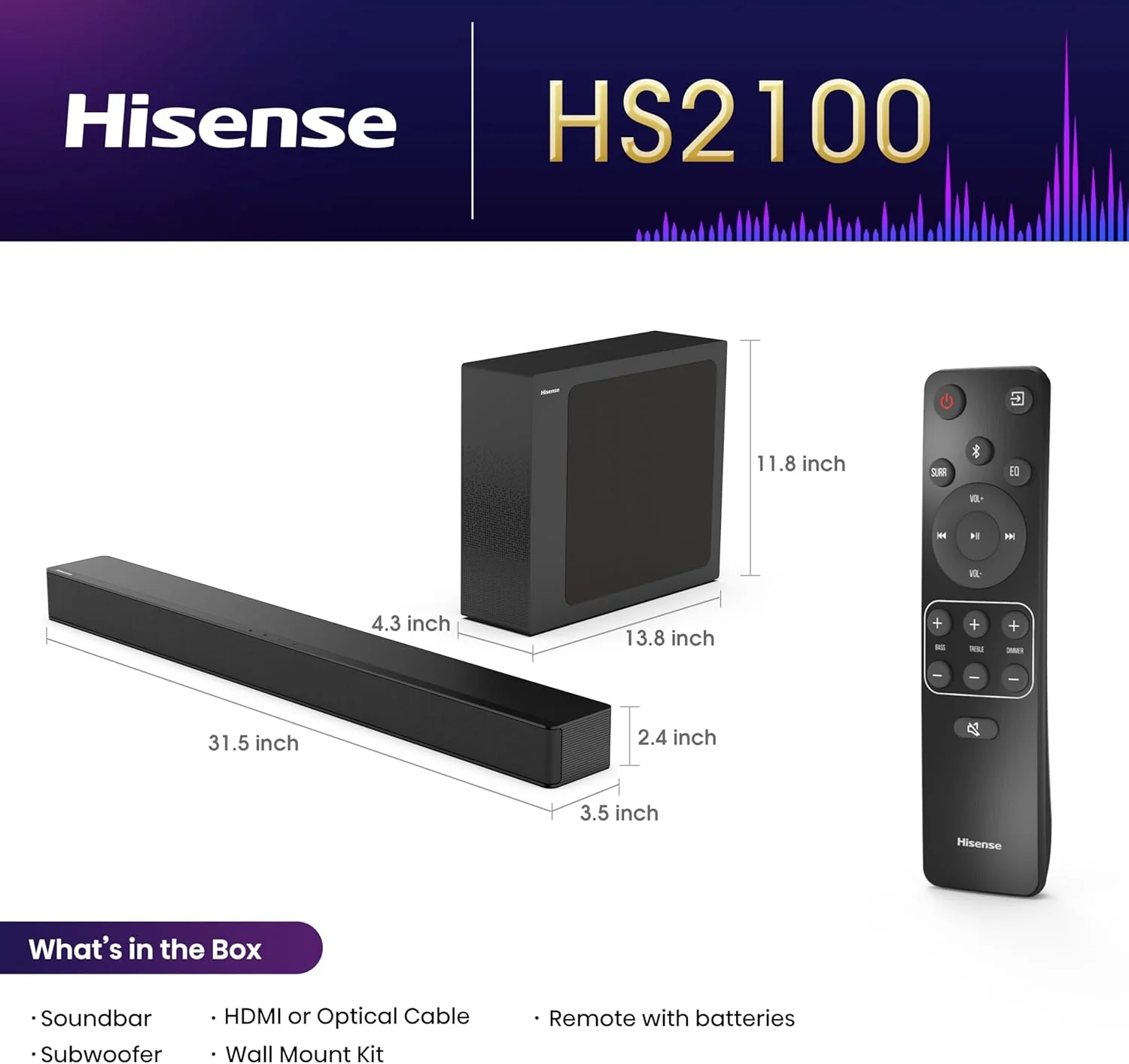 Barra de Sonido 2.1 Canales Dolby Audio 6 Modos de Sonido 240W Bluetooth HS2100 Hisense - Image 4
