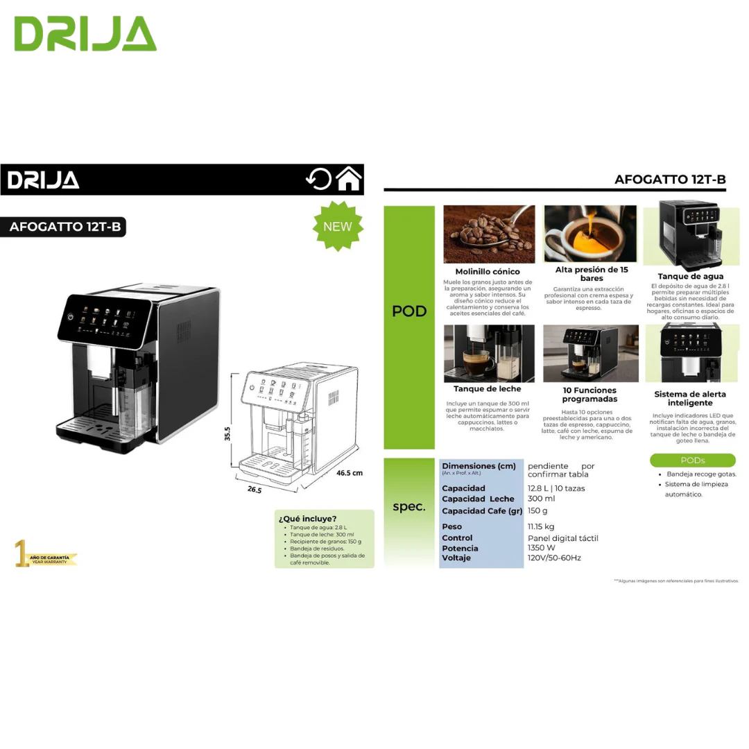 Cafetera Automática 12 Tazas Pantalla Digital 9 Funciones 1.5L AFOGATTO 12T-B Drija Espresso. Expresso. Americano. Capuccino. Moka. - Image 5