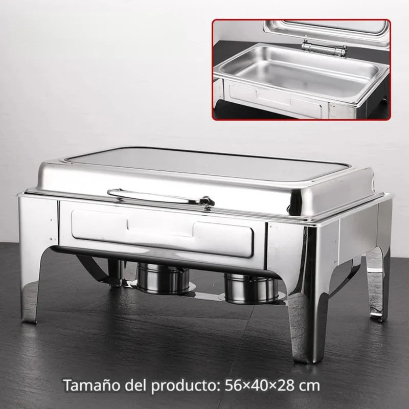 Chafing Dish Rectangular De Acero Inoxidable Con Tapa Hidraulica Cierre Suave De Vidrio 22X16x11" De 1 Compartimiento Calentamiento Por Alcohol Para Hoteles, Restaurantes, Buffets, Catering. TU751 - Image 2