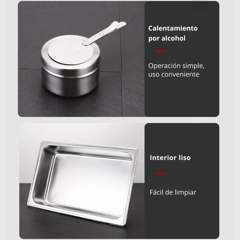 Chafing Dish Rectangular De Acero Inoxidable Con Tapa Hidraulica Cierre Suave De Vidrio 22X16x11" De 1 Compartimiento Calentamiento Por Alcohol Para Hoteles, Restaurantes, Buffets, Catering. TU751 - Image 3