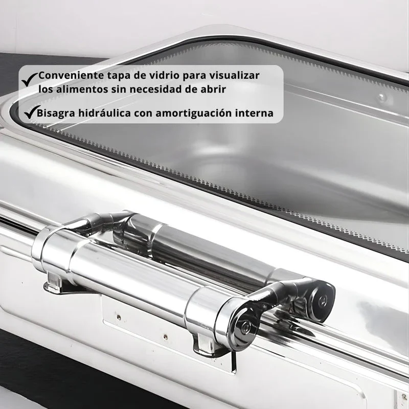 Chafing Dish Rectangular De Acero Inoxidable Con Tapa Hidraulica Cierre Suave De Vidrio 22X16x11" De 1 Compartimiento Calentamiento Por Alcohol Para Hoteles, Restaurantes, Buffets, Catering. TU751 - Image 4