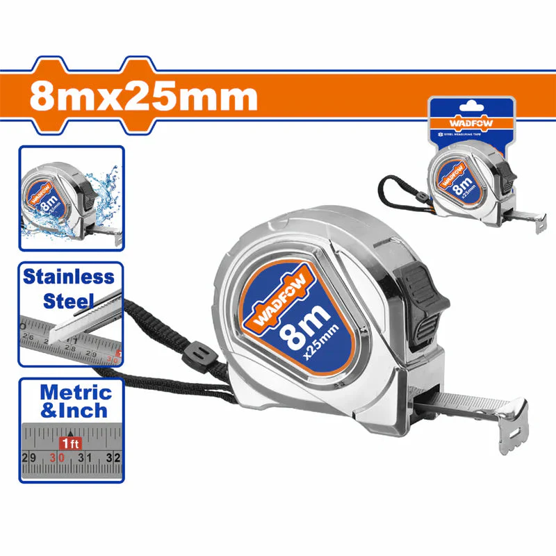 Cinta Métrica De Acero Inoxidable 8Mx25mm. Metros Y Pulgadas. Ideal Ambientes Húmedos. WMT4440