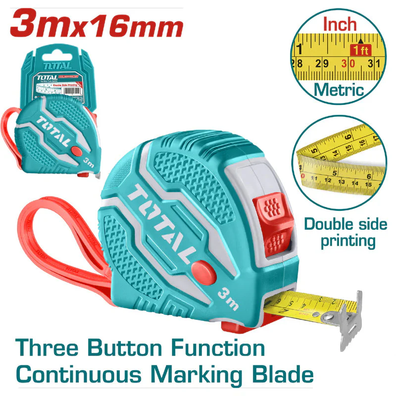 Cinta Metrica Y Pulgada 3 Mts X 16 Mm. Alta Calidad. TMT126031 Total Tools