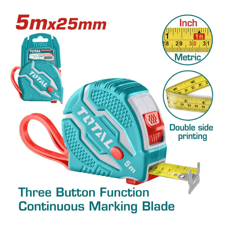 Cinta Metrica Y Pulgada 5 Mts X 25 Mm. Alta Calidad. Total TMT126052