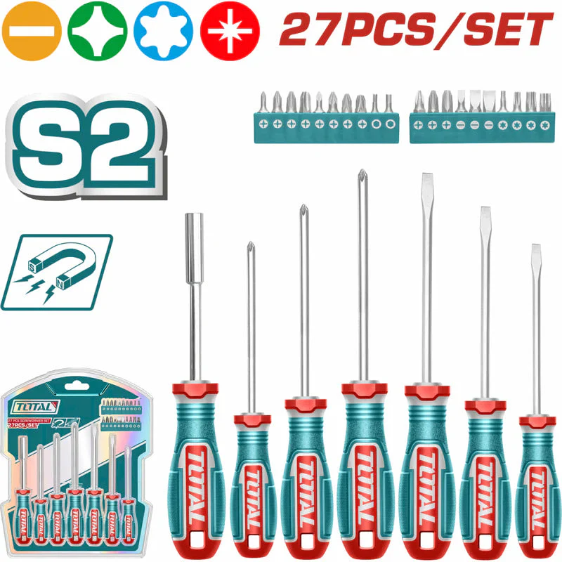 Combo Del Mes Total Destornilladores Variados Set De 27 Piezas Puntas: Plana, Phillips, Hexagonal, Torx POCAS UNIDADES. Total TKSDS2726