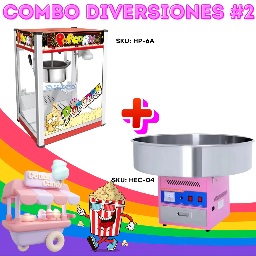 (LLEGANDO 30 DE MAYO) Combo Diversiones #2 Máquina de Popcorn 6oz HP-6A + Máquina de Algodón de Azúcar HEC-04 Millo. Palomitas.