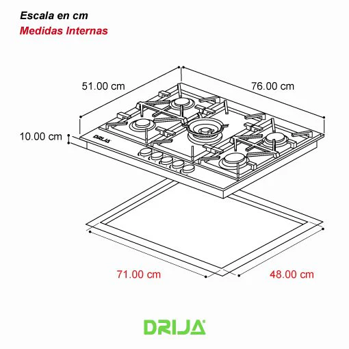 Estufa Empotrable 30" 5 Quemadores Vidrio Templado Toscana 76 PRO Drija - Image 2
