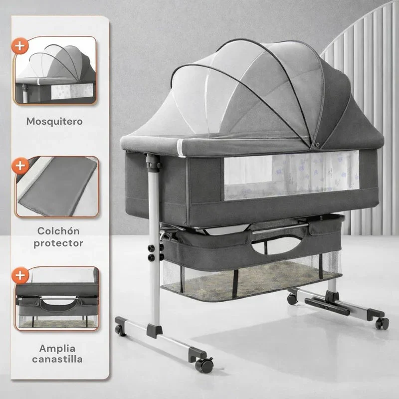 Cuna Colecho Para Bebé Multifuncional Con Ruedas. Cuna Moisés Ajustable En Altura Con Balanceo Y Antirreflujo. Cama Auxiliar Para Dormitorio. Color Gris LT513