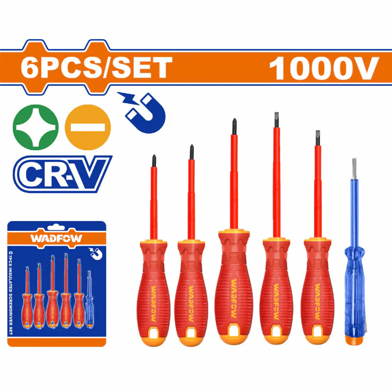 Destornilladores Aislados Punta Plana Y Phillips. 6 Piezas. Punta Magnética. 1000V. Vástago Redondo Y 1 Lápiz De Prueba 140Mm. Insulados Para Electricista WSS7406