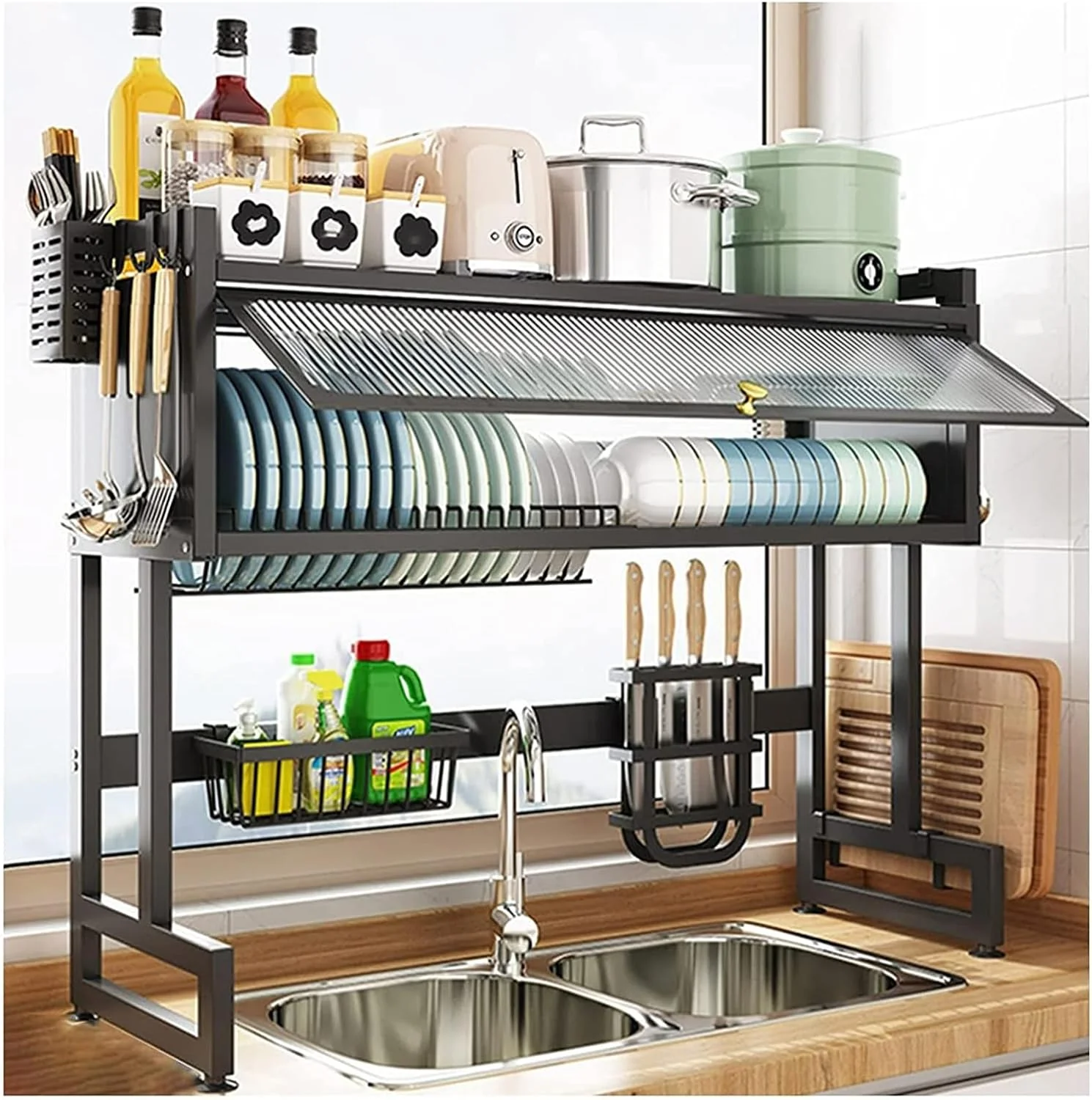 Escurridor de Platos Sobre Fregador Negro con Gavetero 80x66x28cm HW-40995