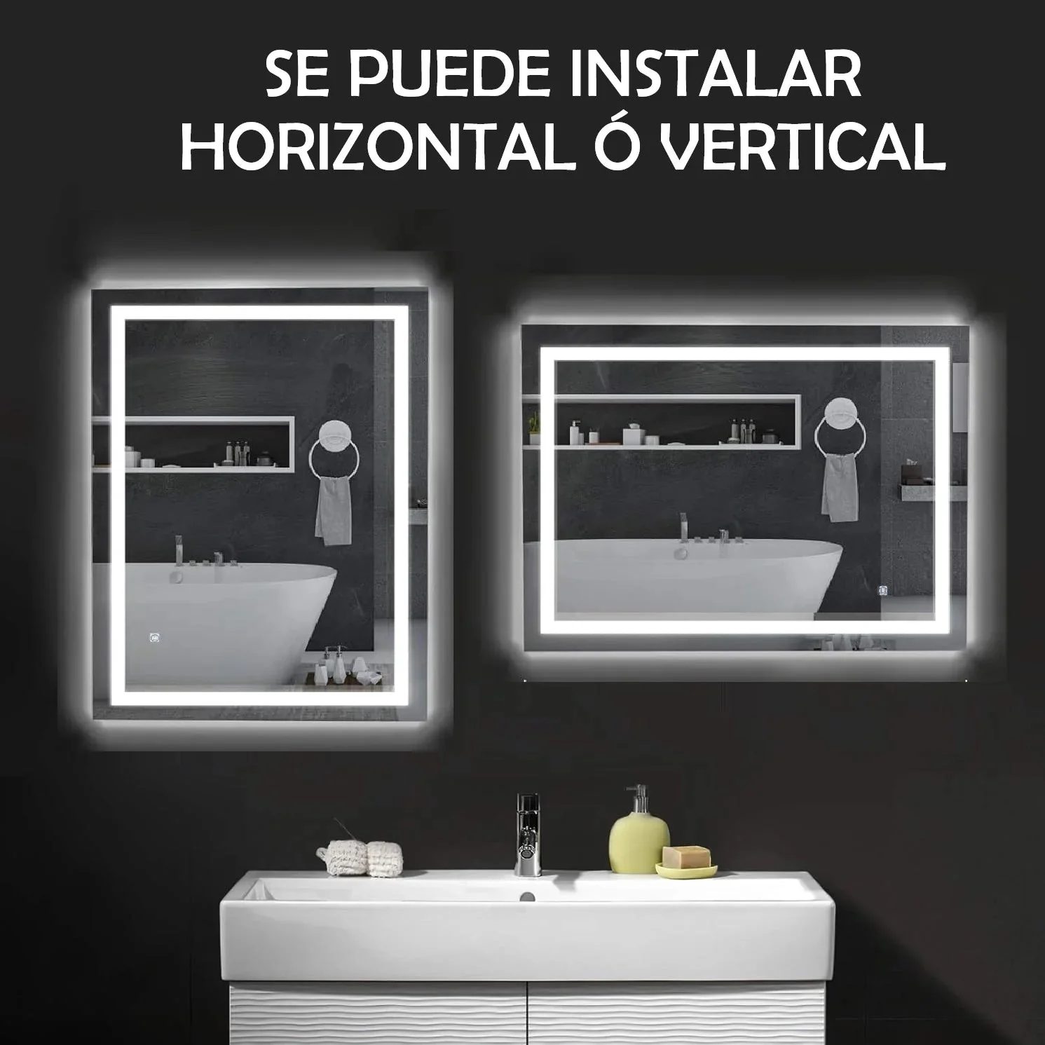Espejo LED Borde Negro 60X80 Cm Luz LED De 3 Tonos Botón Táctil Funciona Para Instalación Vertical Y Horizontal GMIRROR18 - Image 2