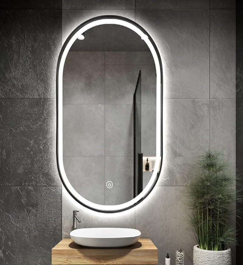 Espejo LED Borde Negro Ovalado 60Cm De Ancho X 120 Cm De Alto Con Luz LED De 3 Tonos Botón Táctil GMIRROR17