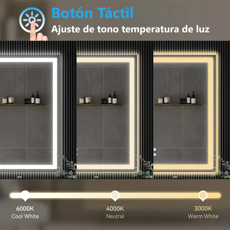 Espejo LED Borde Negro Rectangular 80 Cm X 120 Cm Con Luz LED De 3 Tonos Botón Táctil Funciona Para Instalación Vertical Y Horizontal GMIRROR19 - Image 3