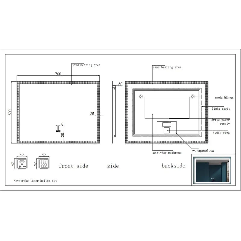 Espejo Rectangular Con Luz Led Y Sistema Antiempañante (Alto 50 Cm X Largo 70 Cm) Baño GMIRROR01 - Image 6