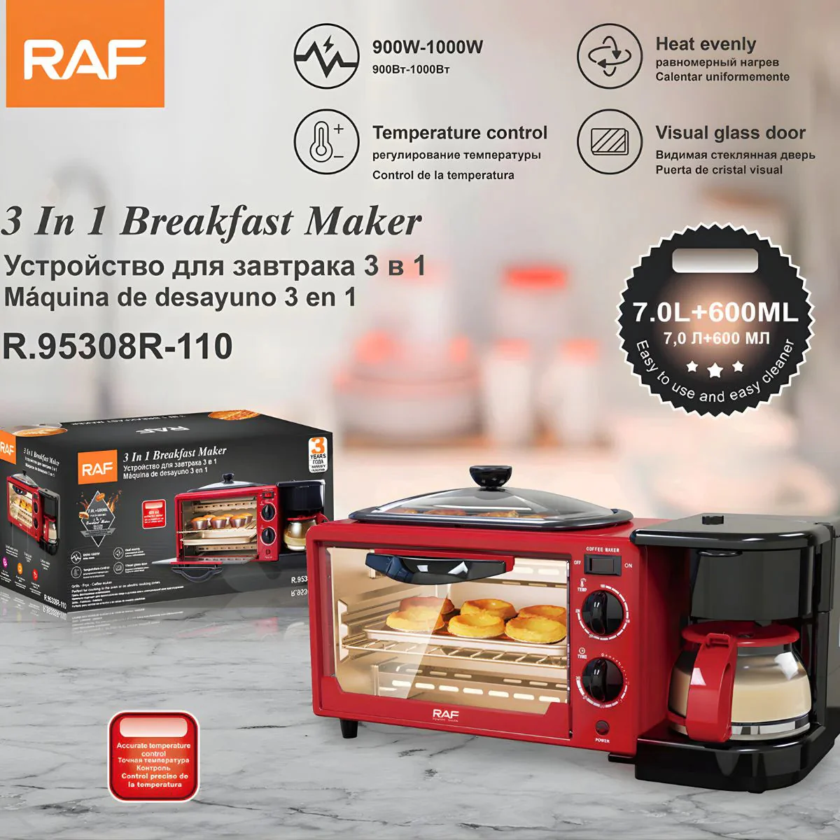 Estación De Desayuno 3 En 1 Con Horno Tostador, Cafetera Y Plancha Superior. Capacidad 7L + 600Ml 110V.  R.95308R-110