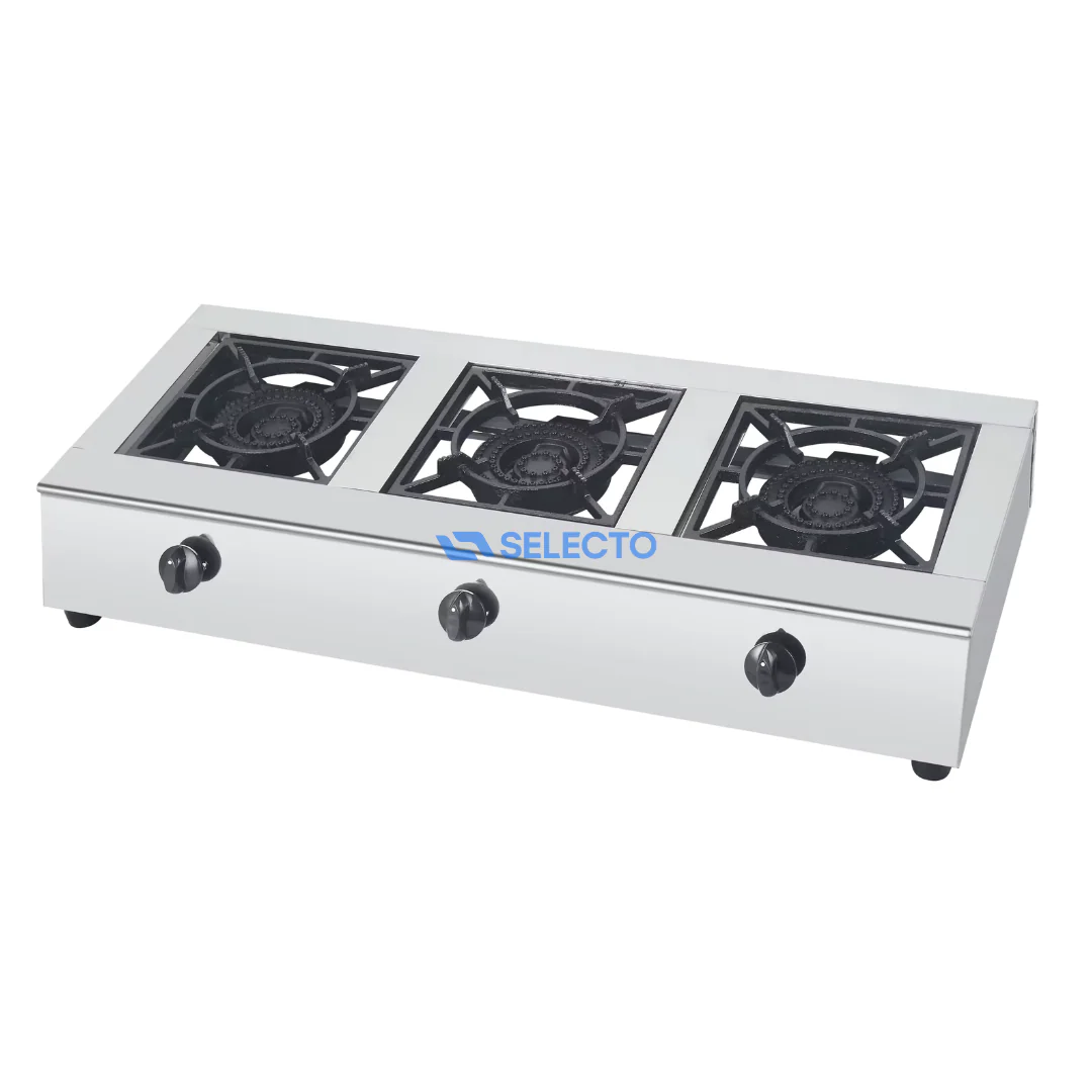 Estufa de Acero Inoxidable de 3 Quemadores de Hierro Colado a Gas con Encendido Automático AM-3