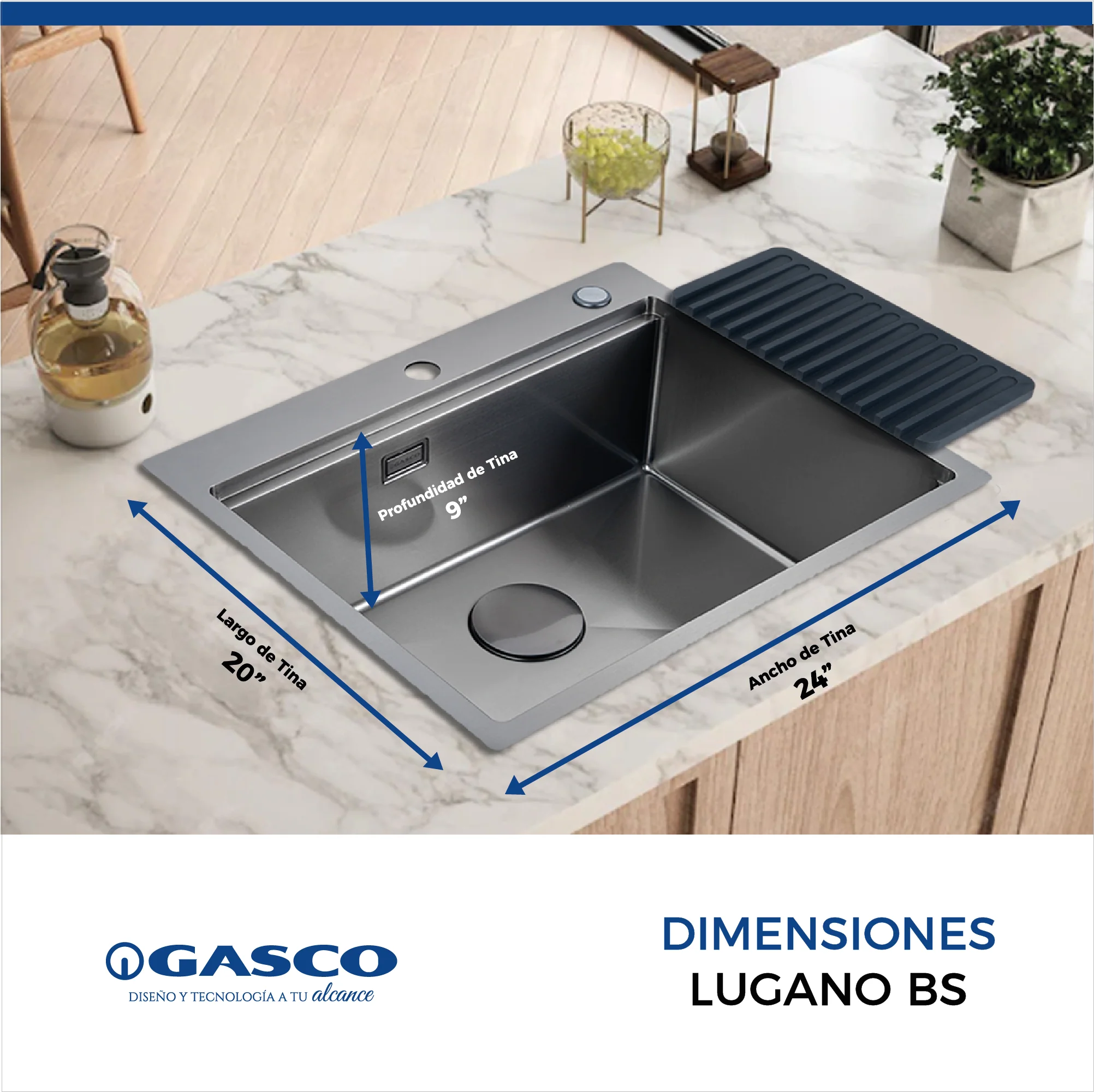 Fregador Sobre Bajo Tope + Grifo Toledo de Acero Inoxidable Negro Lugano BS Gasco - Image 3