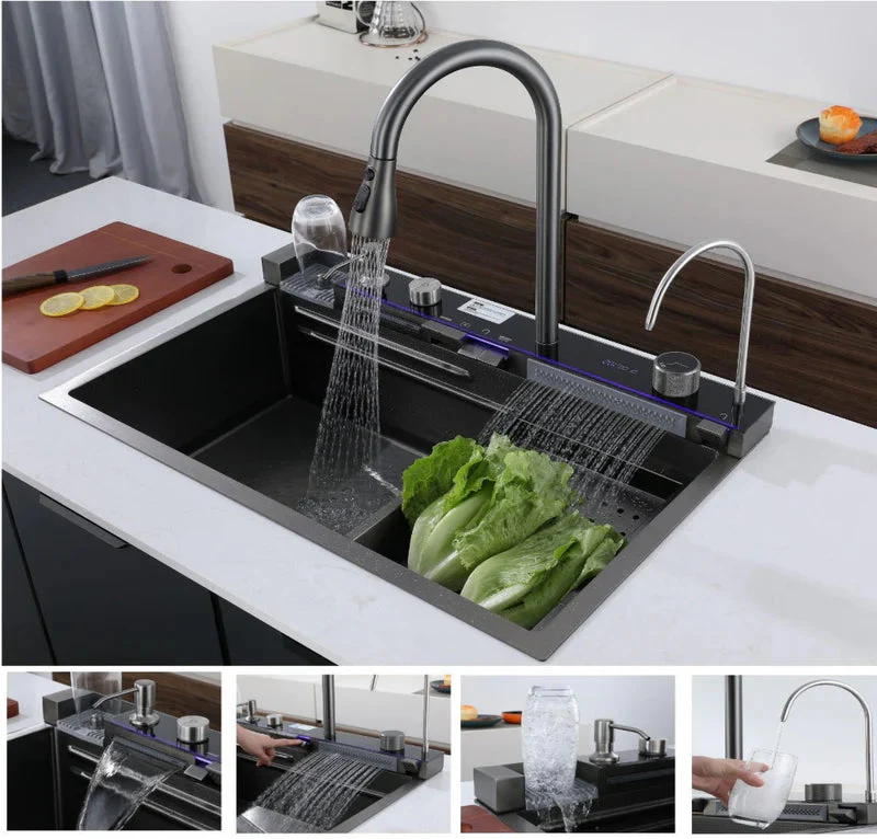 Fregador De Cocina Multifunción Nano Black Piano Switch 750X460x220mm Negro Plomo Fregadores Tinas De Cocina IBK-01