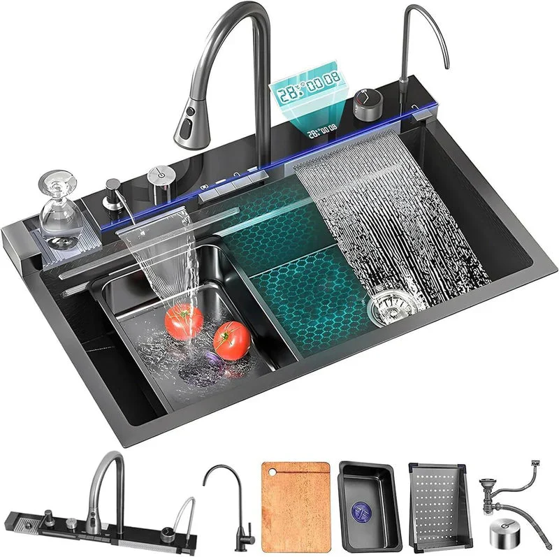 Fregador De Cocina Multifunción Nano Black Piano Switch 750X460x220mm Negro Plomo Fregadores Tinas De Cocina IBK-01 - Image 2