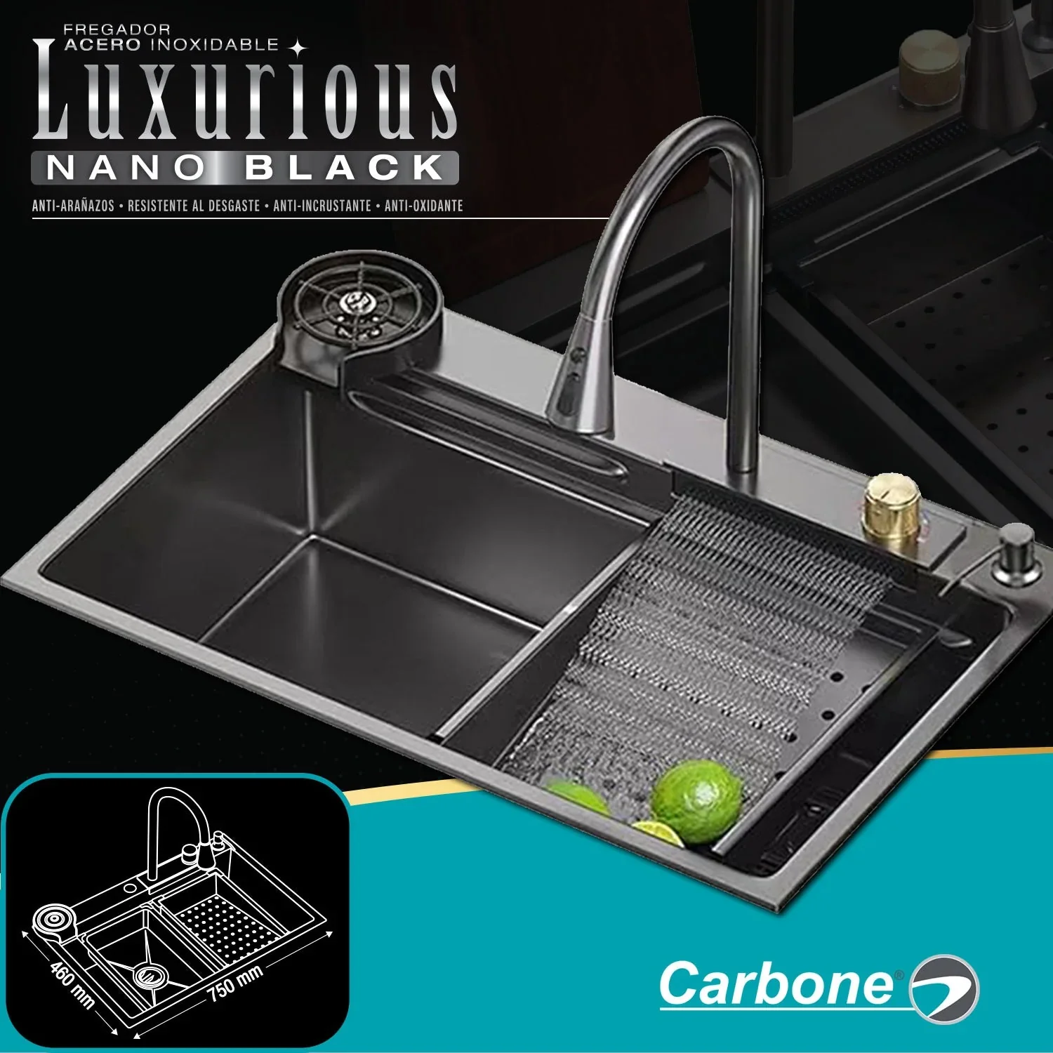 Fregador De Cocina Sencillo Con Accesorios 750X460x220mm Negro Plomo Fregadores Tinas De Cocina IBK-02