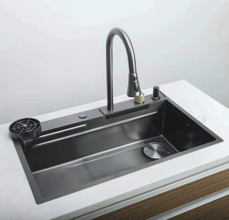 Fregador De Cocina Sencillo Con Accesorios 750X460x220mm Negro Plomo Fregadores Tinas De Cocina IBK-02 - Image 2