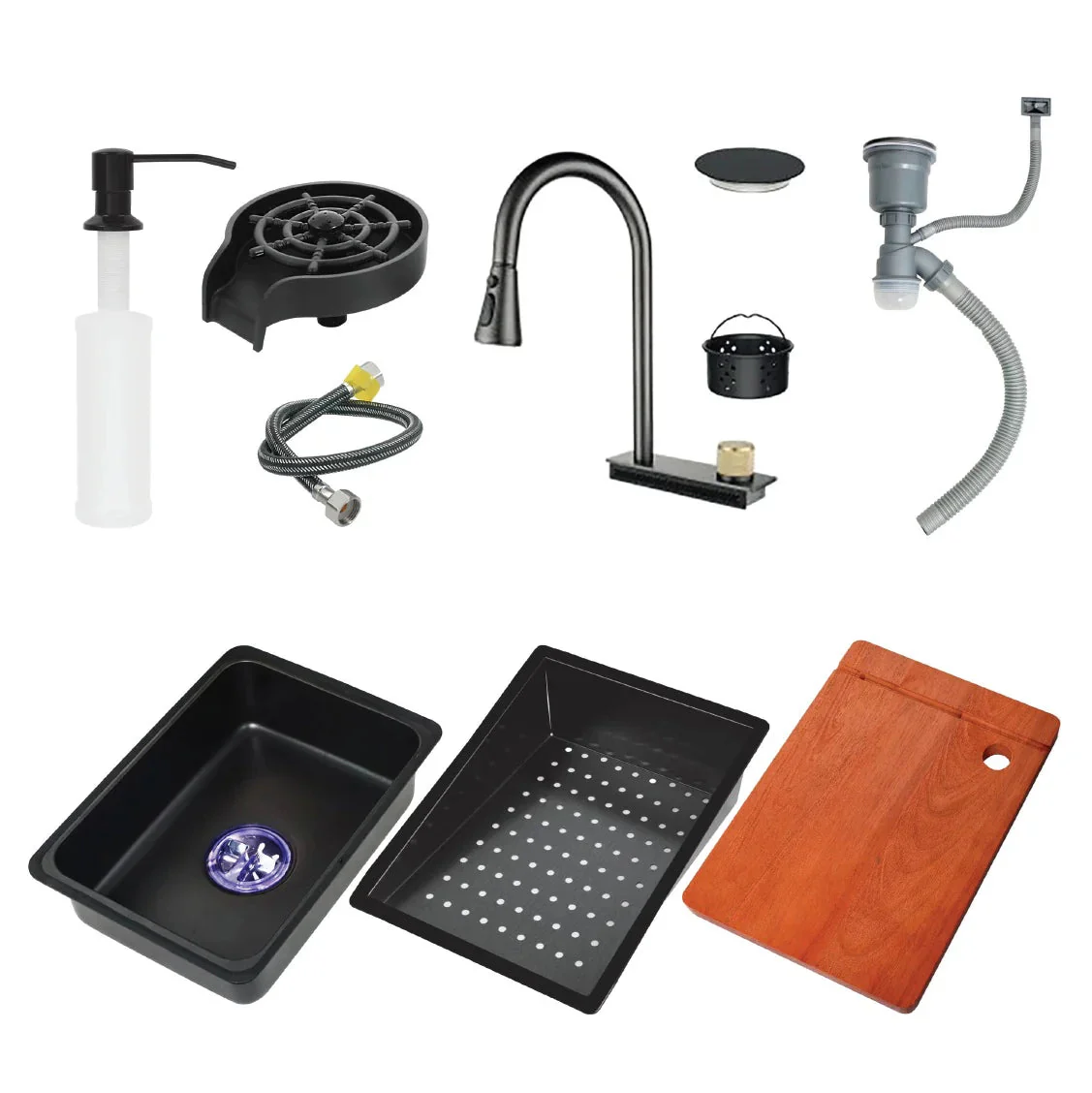 Fregador De Cocina Sencillo Con Accesorios 750X460x220mm Negro Plomo Fregadores Tinas De Cocina IBK-02 - Image 6