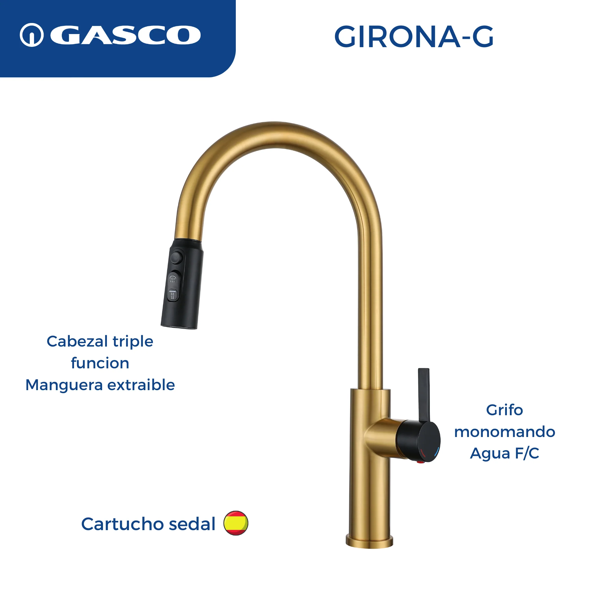 Grifo de Acero Inoxidable Dorado GIRONA-G con Manguera Flexible Gasco
