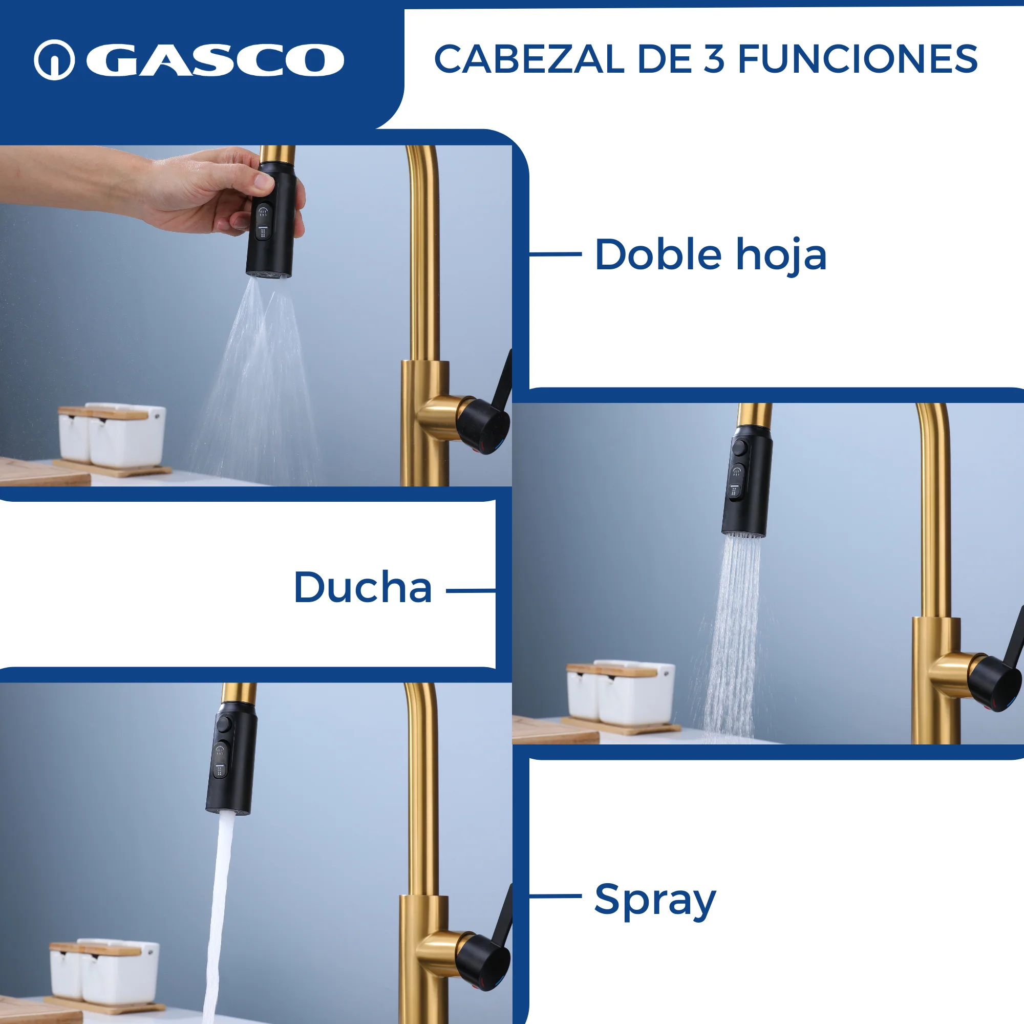 Grifo de Acero Inoxidable Dorado GIRONA-G con Manguera Flexible Gasco - Image 3