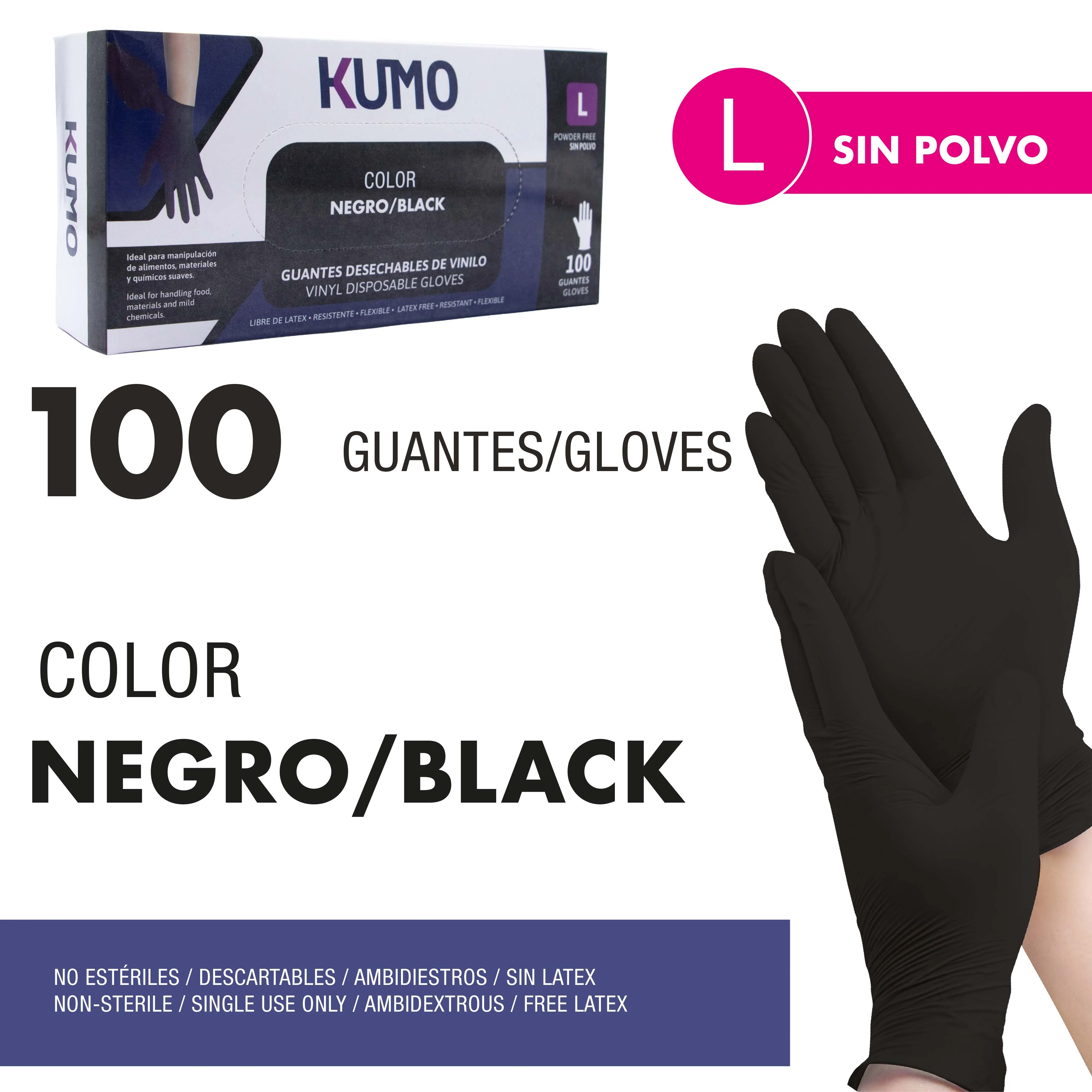 Guante Desechable de Vinilo 100pcs L Negro Sin Polvo GV-VN-L-BK