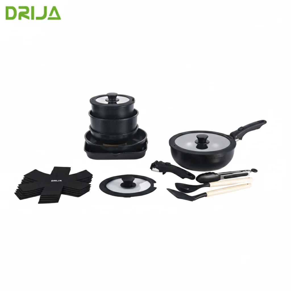 Juego de Ollas y Sartenes 19 Piezas Antiadherente Negro Compatible con Estufa de Inducción Drija BUCATINI 19-B - Image 2