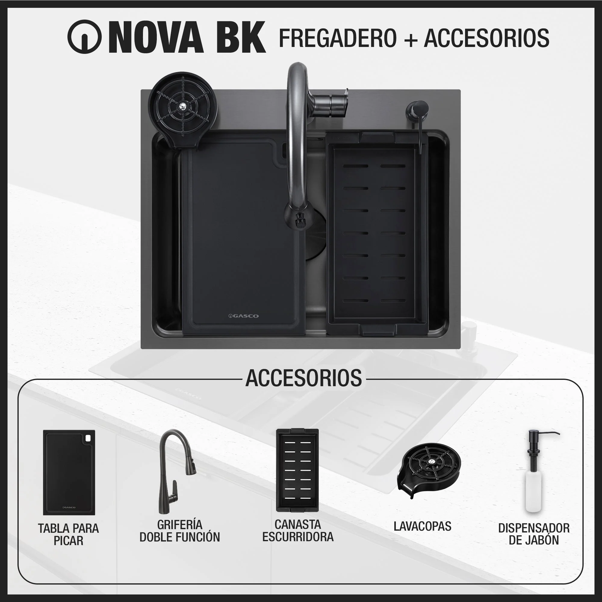 Kit Fregador + Grifo de Acero Inoxidable Negro 304 Nova BK Gasco - Image 2