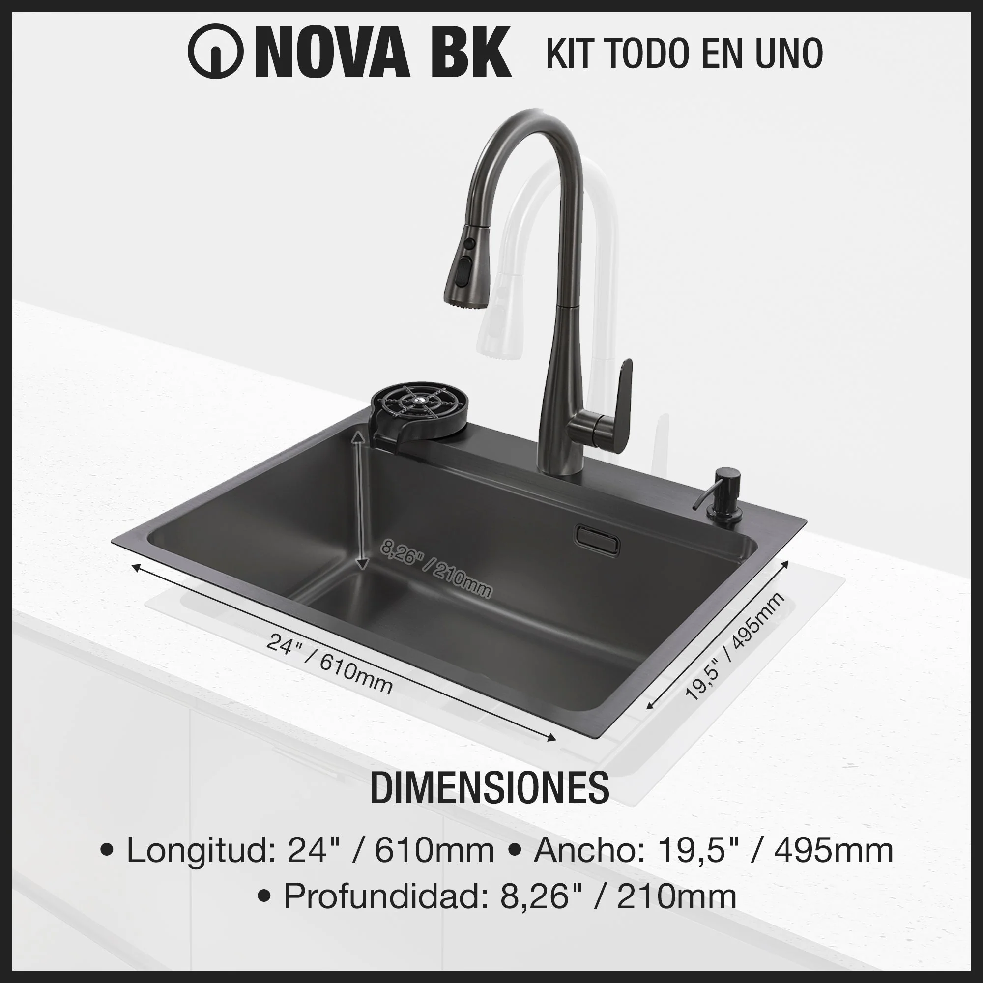 Kit Fregador + Grifo de Acero Inoxidable Negro 304 Nova BK Gasco - Image 3
