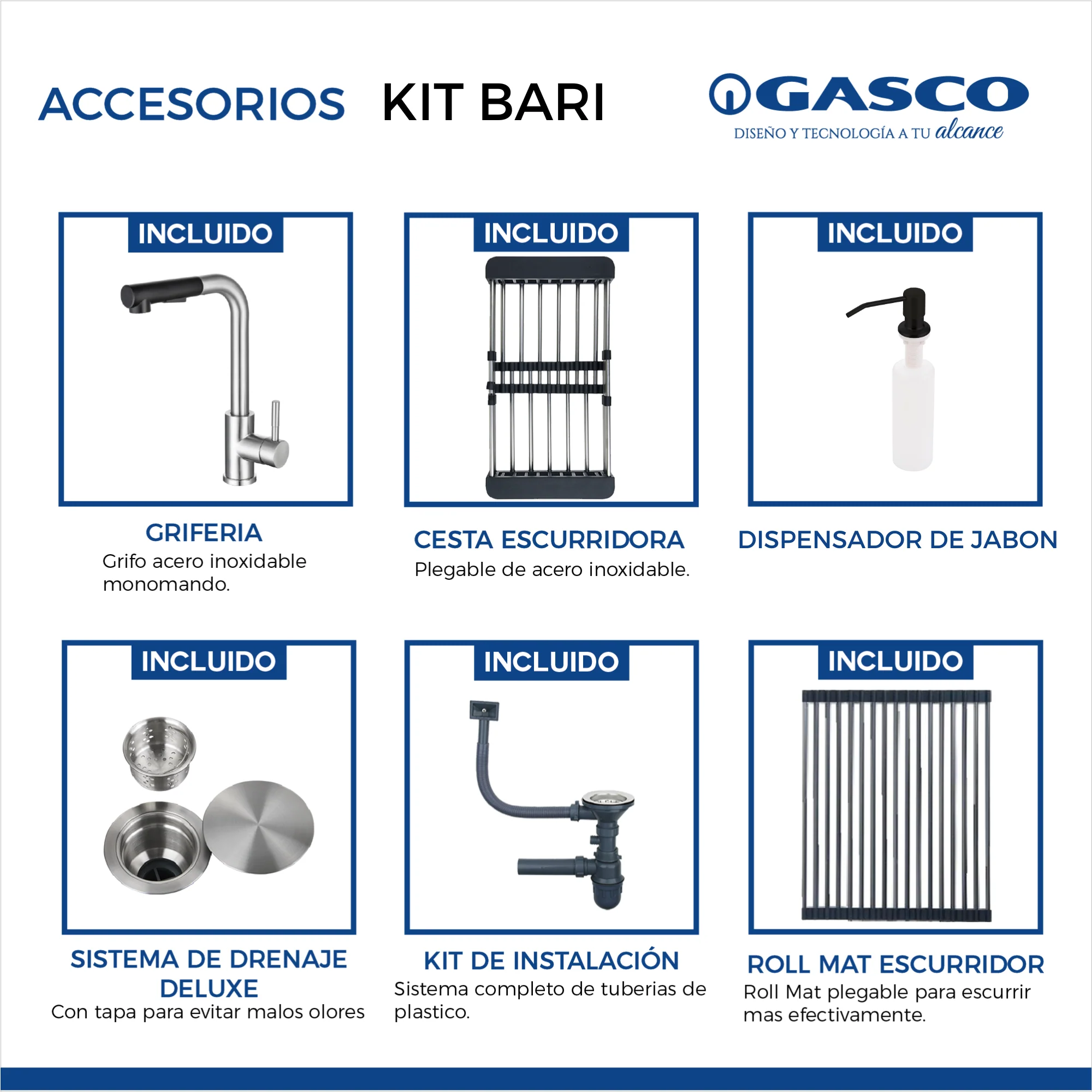 Kit Grifo & Fregador de 2 Tinas de Acero Inoxidable Bari Gasco - Image 3