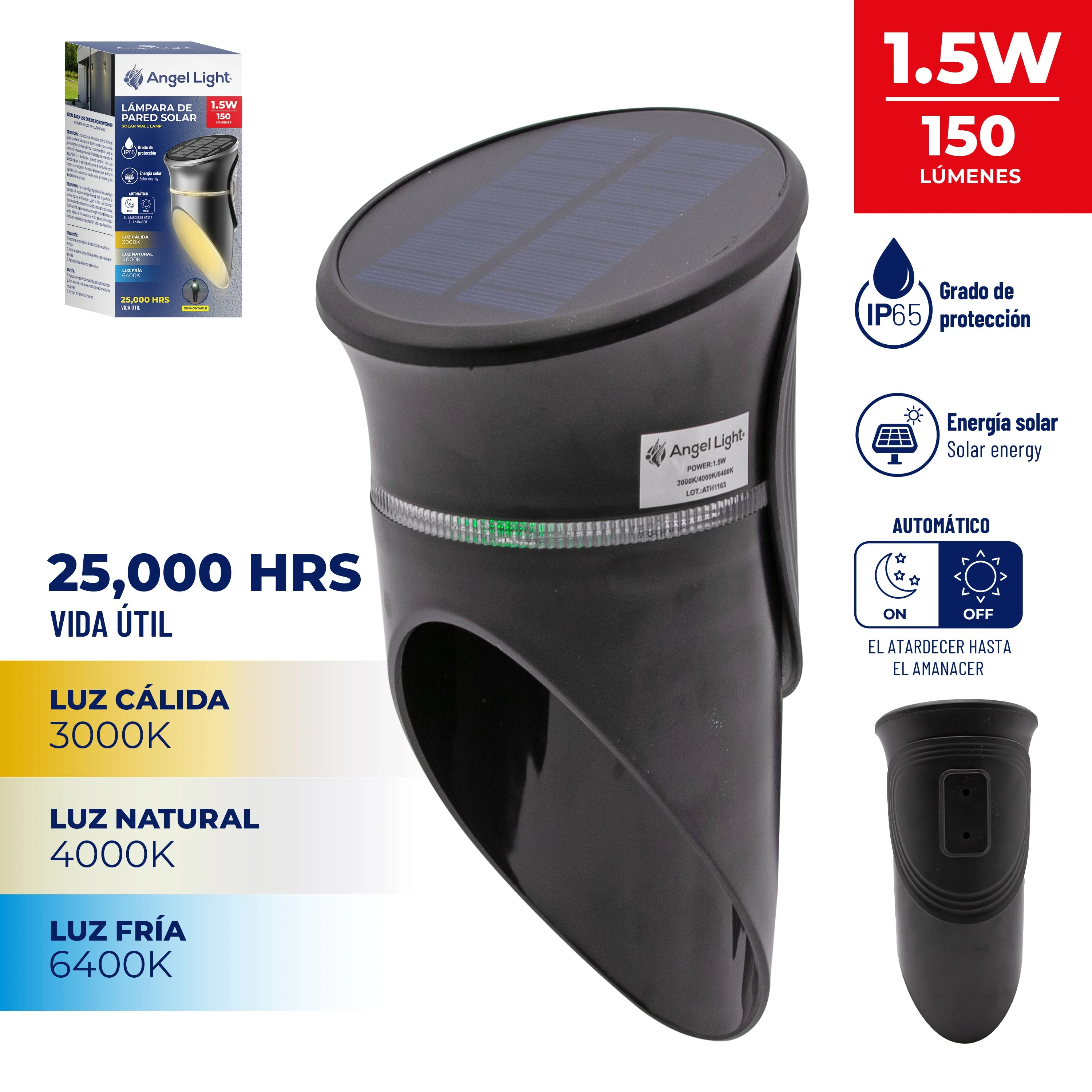 Lampara de Pared LED con Panel Solar 1.5W Angel Light AL-SBT-2W