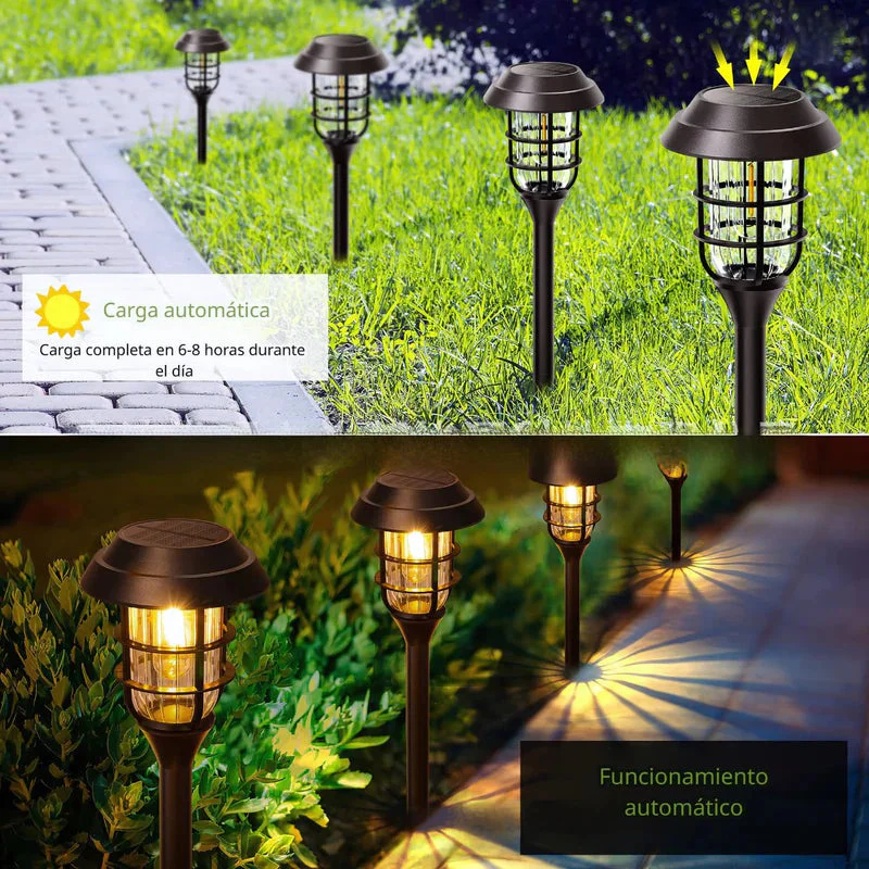 Lampara Solar Para Césped Tipo Estaca LED. (Pack De 8) Lampara Negra Con Panel Solar Integrado. Para Jardín. (Luz Cálida). Foco TU058 - Image 4