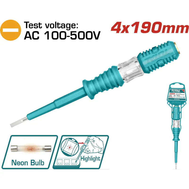 Lapiz Tester Para Medir Voltaje AC 100-500 V. Tamaño De La Ranura 4 X 190 Mm. Viene En Blister. Total THT291908