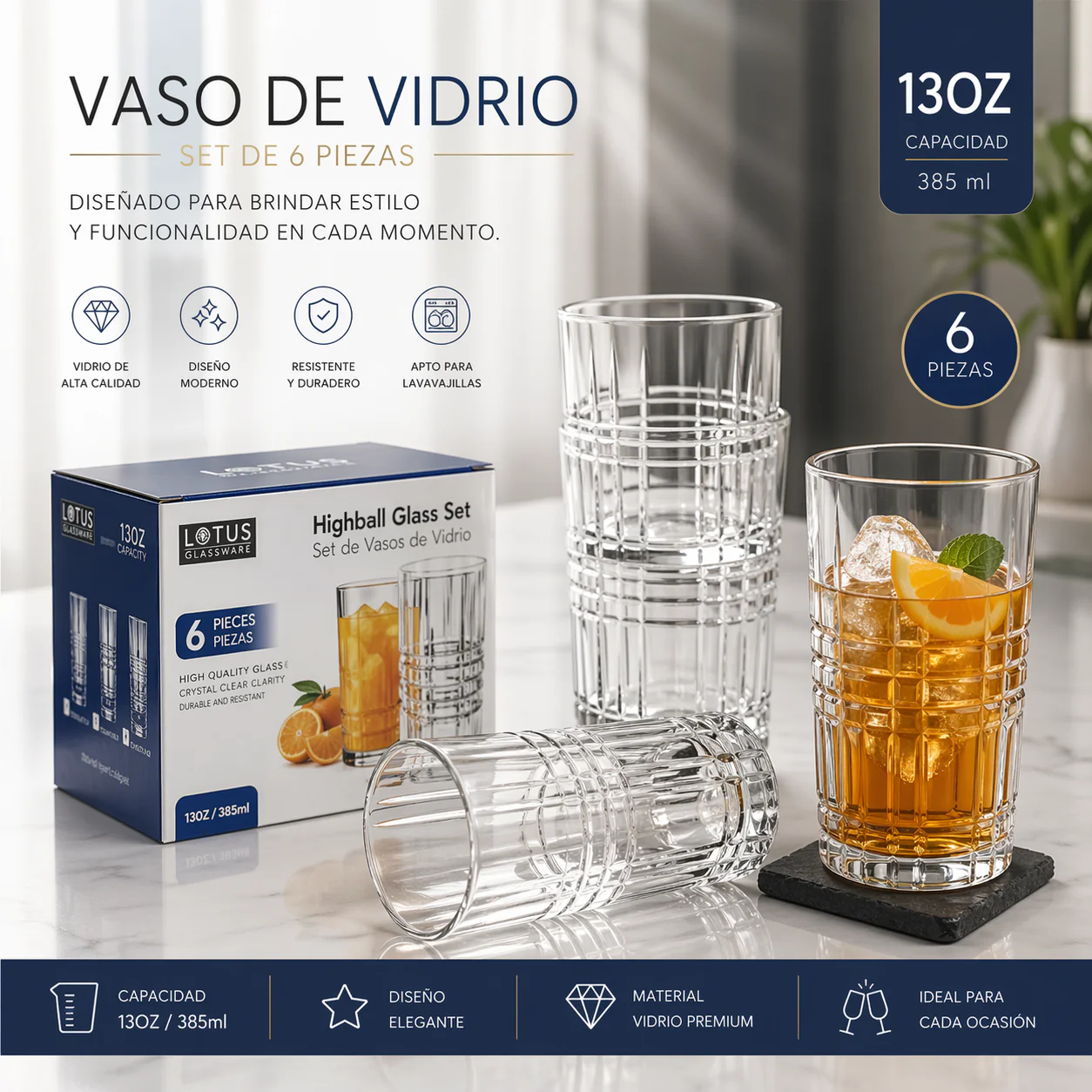 Set 6 Vasos de Vidrio 13oz Transparente Lotus LHC-B100913