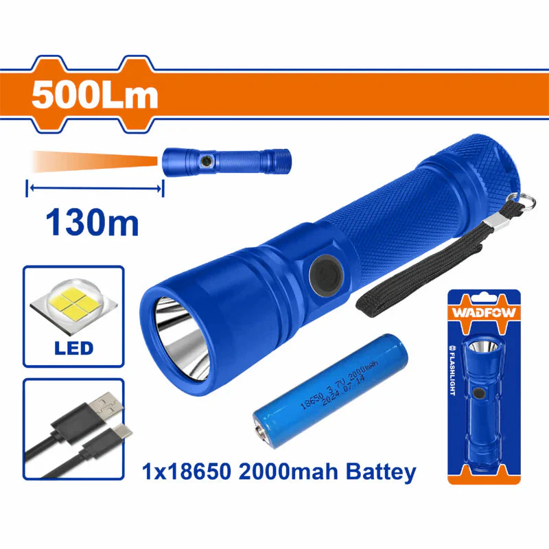 Linterna Recargable LED 500Lm 130M Con Batería 18650 2000Mah 3 Modos IP44 USB Tipo-C Compacta WFL5408