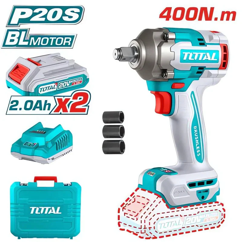 Llave Impacto Dado Cuadrado 1/2" 20V. Brushless Sin Escobillas. 400Nm. 2 Baterías Y 1 Cargador. Total UTIWLI2040