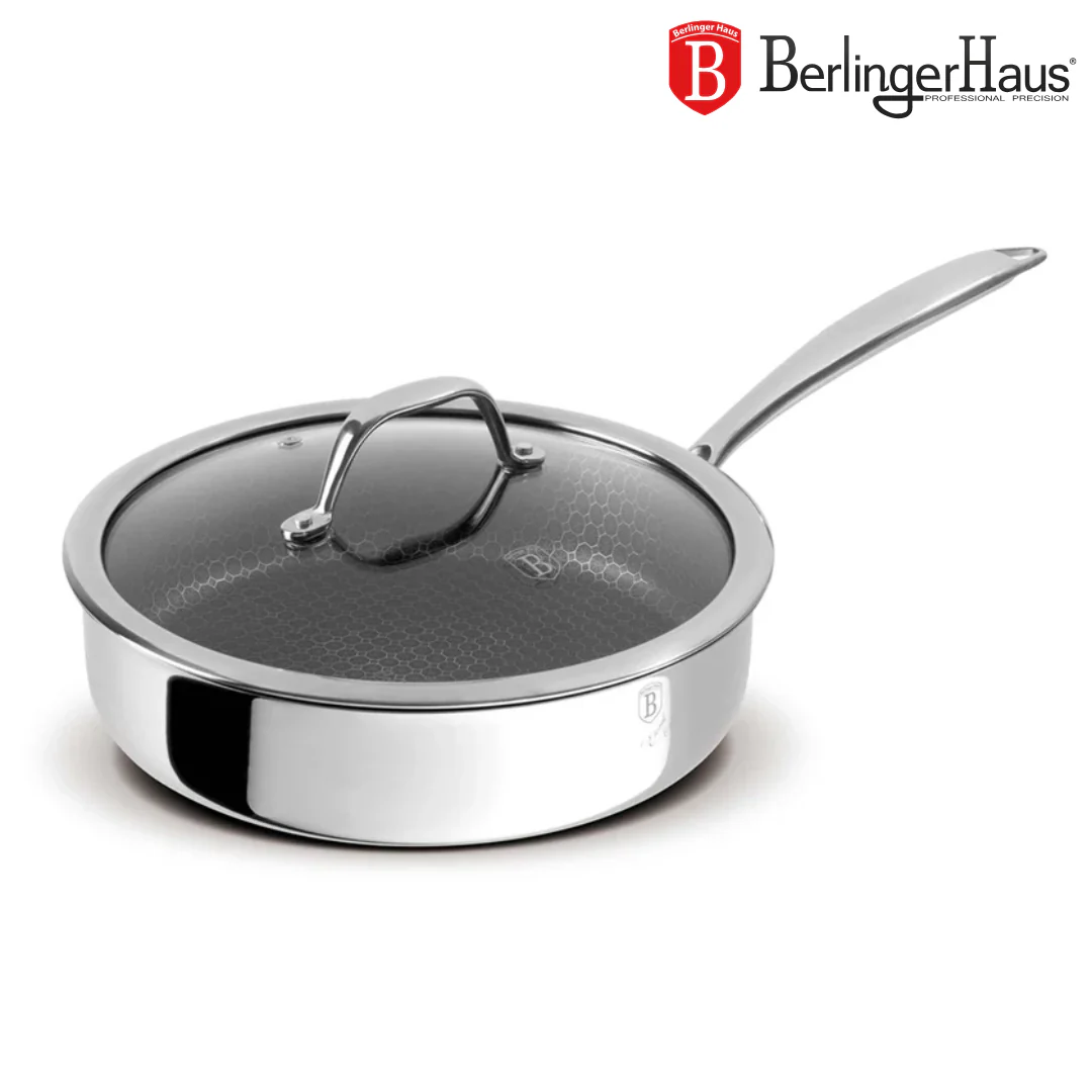 Sartén Hondo de Acero Inoxidable con Tapa de Vidrio 24cm Berlinger Haus