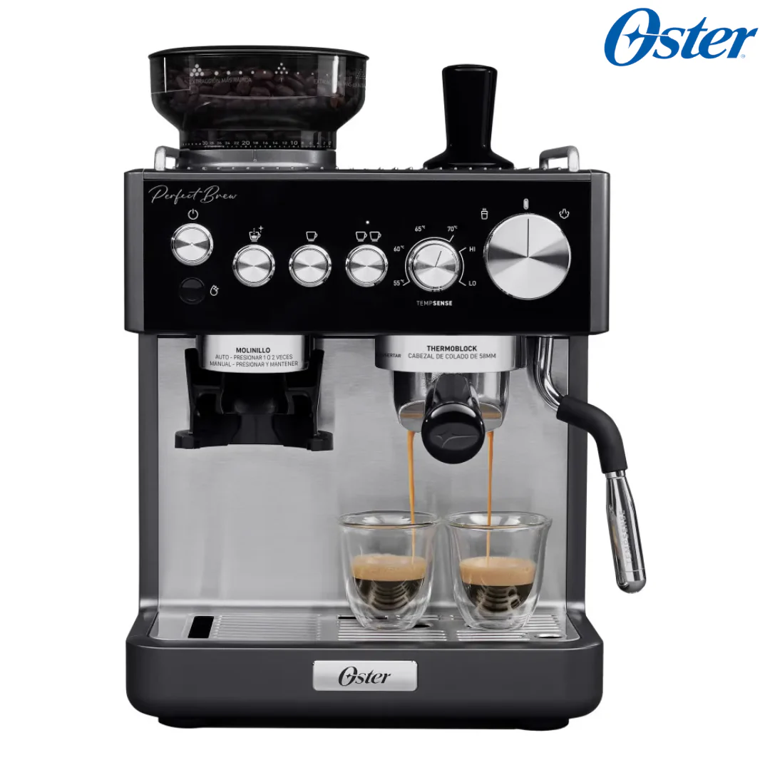 Cafetera Perfect Brew de Café Espresso con Molinillo de Muelas Tubo de Vapor Tempsense Porta Filtro de 58mm 15 Bar Oster BVSTEM7301