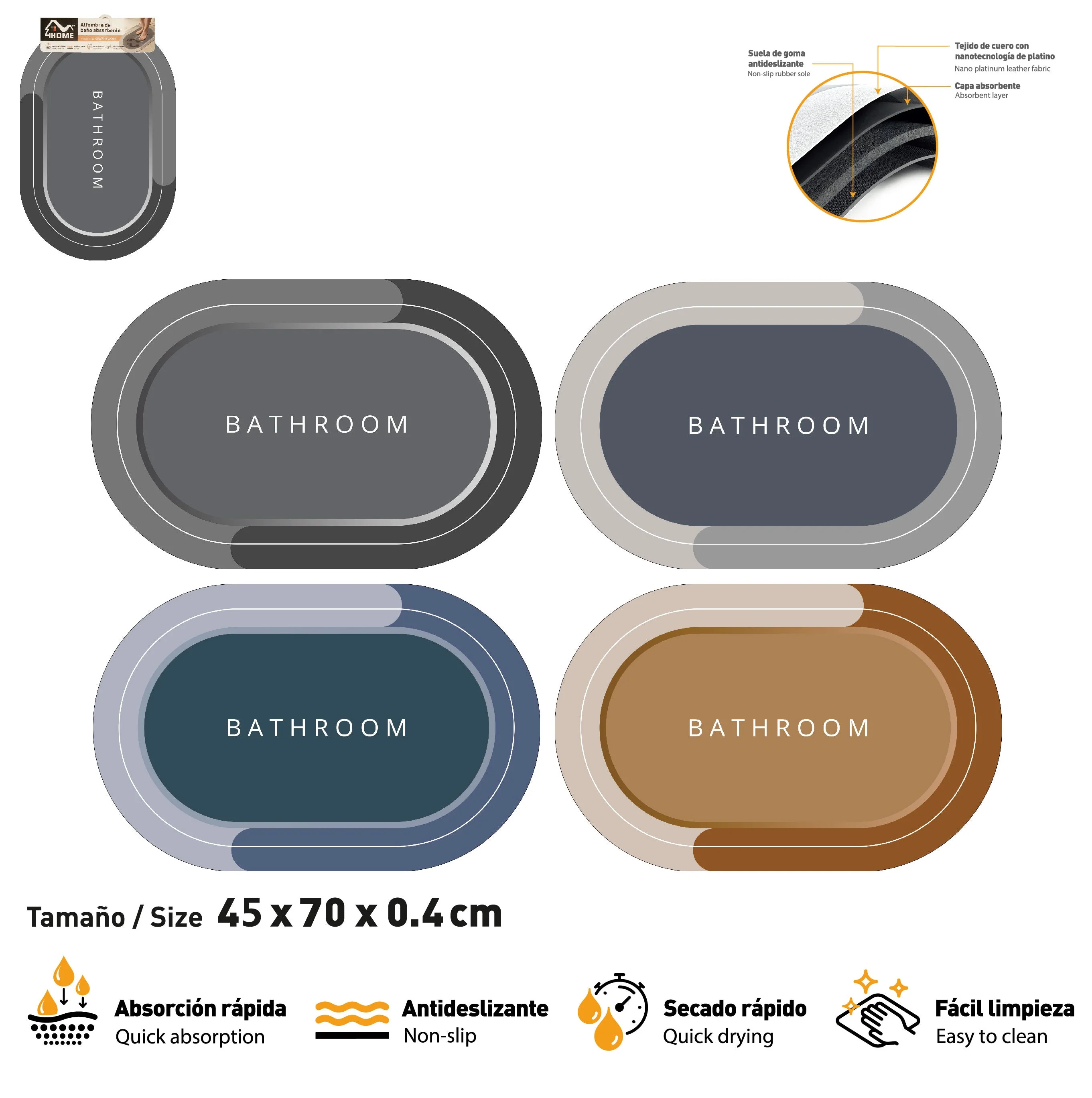 Alfombra Tapete Antideslizante Ovalado para Baño 45x70x0.4cm Super Absorbente HM-BMT4570