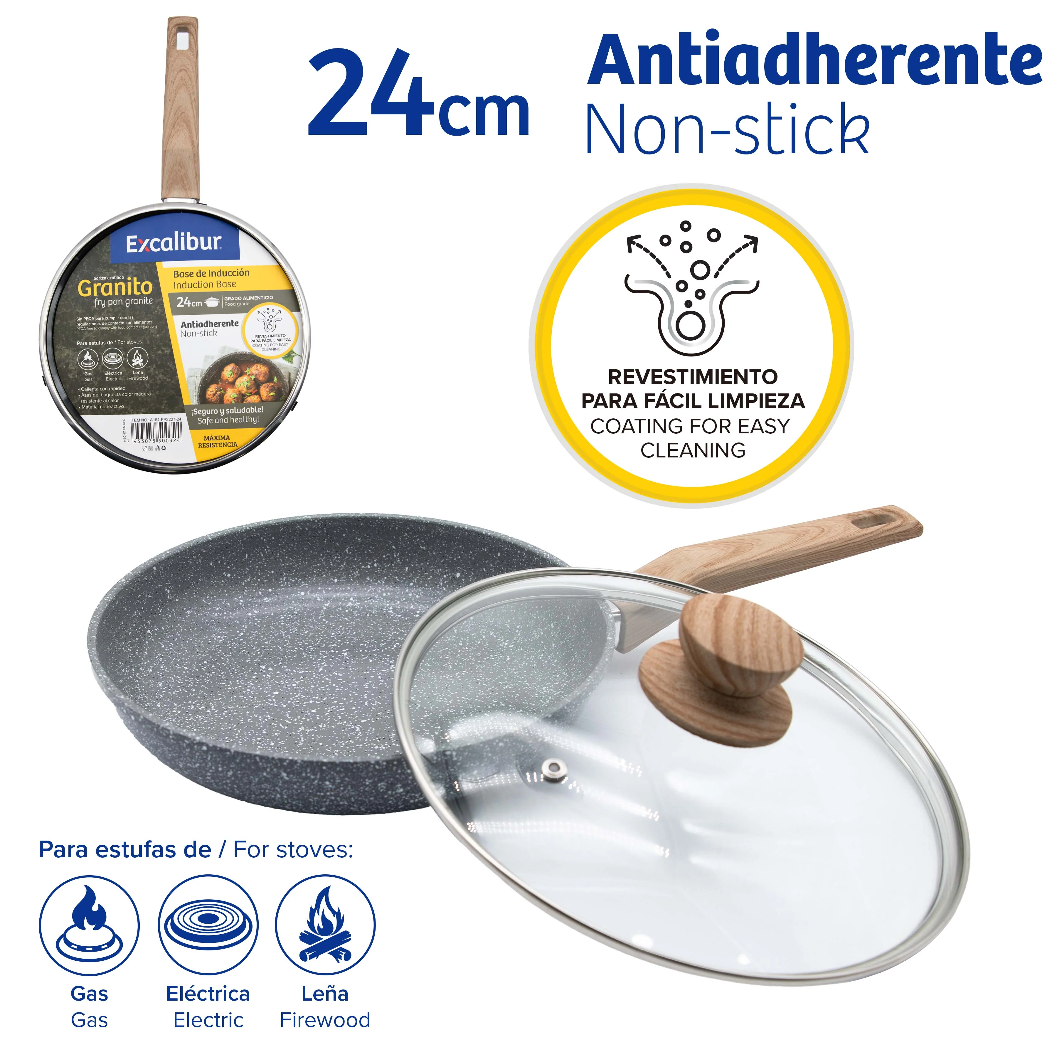 Sartén de Granito Antiadherente con Tapa de Vidrio 24cm Excalibur A164-FP2227-24
